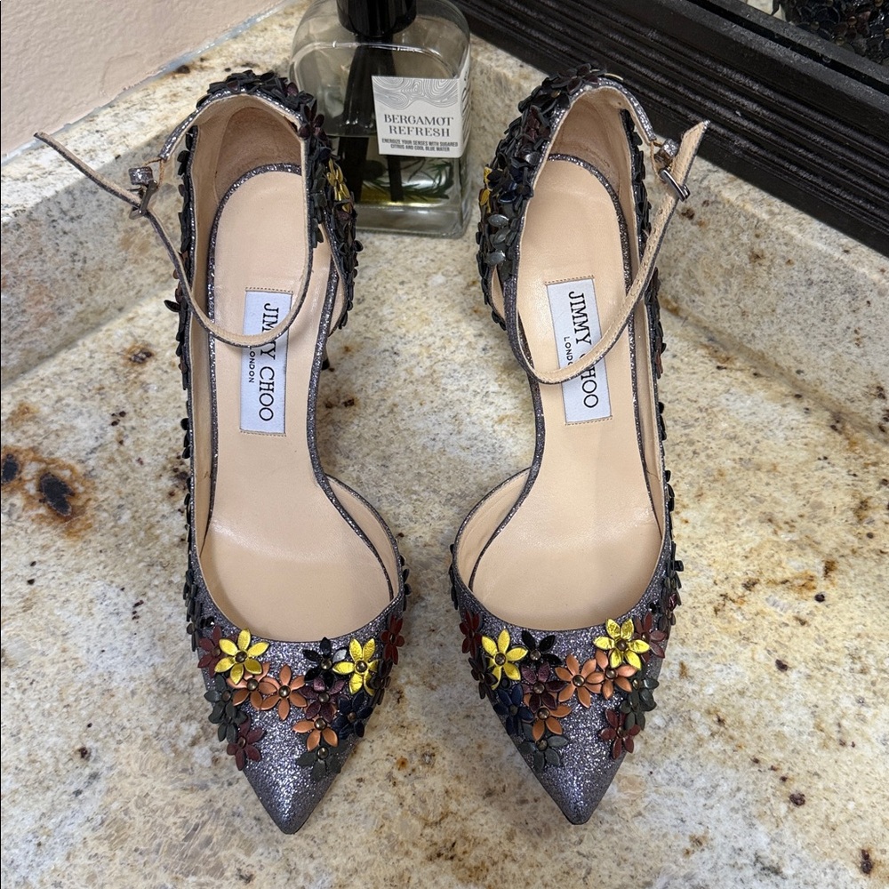 Jimmy Choo Floral Embellished Lorelai glitter heels 38.5 - Picture 12 of 17
